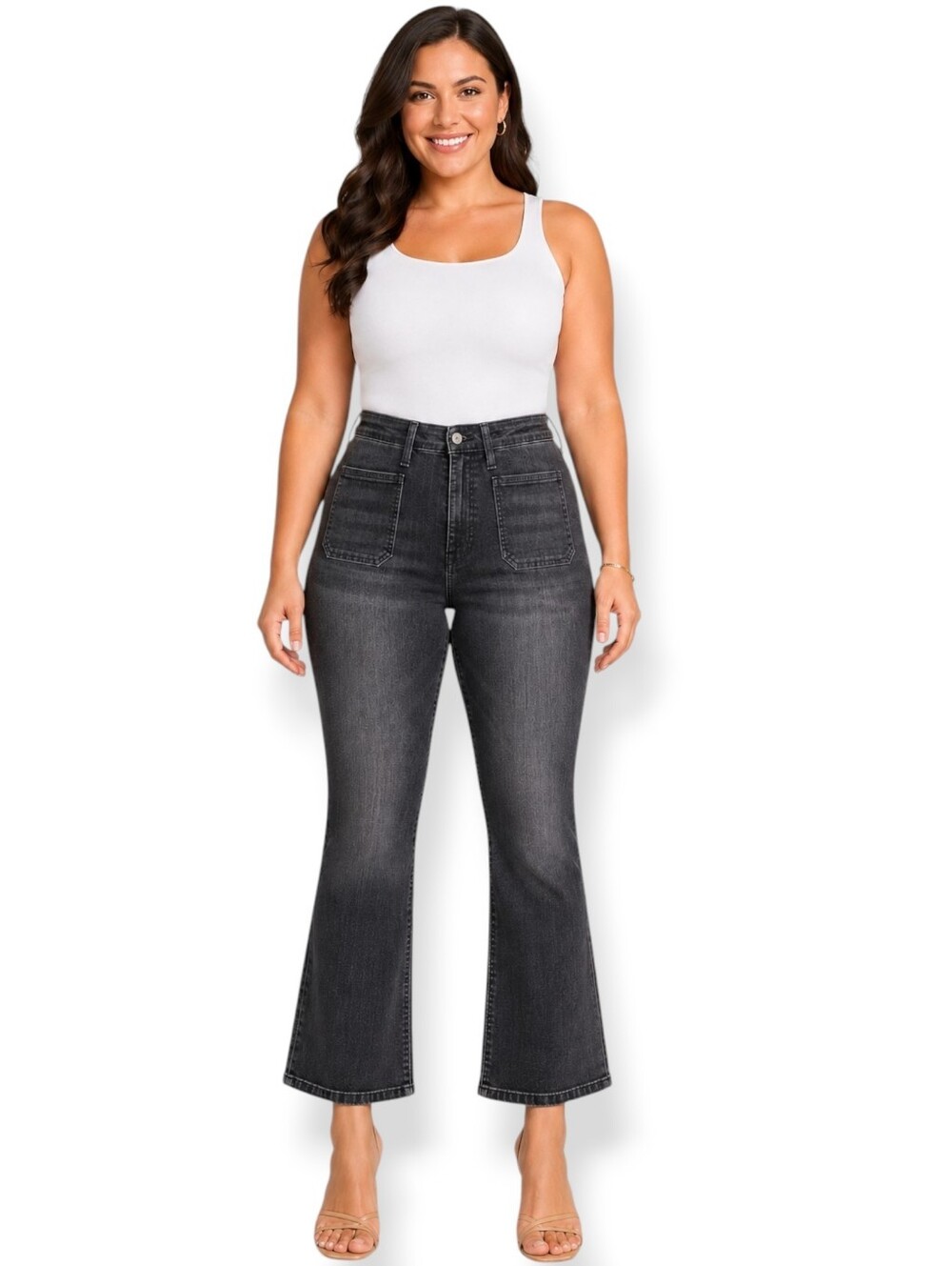 Lucky Brand High Rise Flare Jeans Patch Pocket Faded Black Size 14